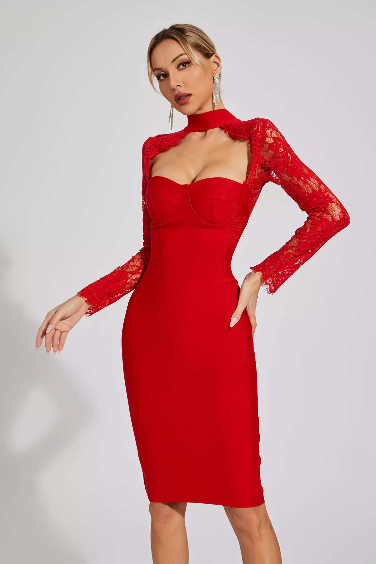 Liv Red Lace Sleeve Bandage Dress-CATCHALL
